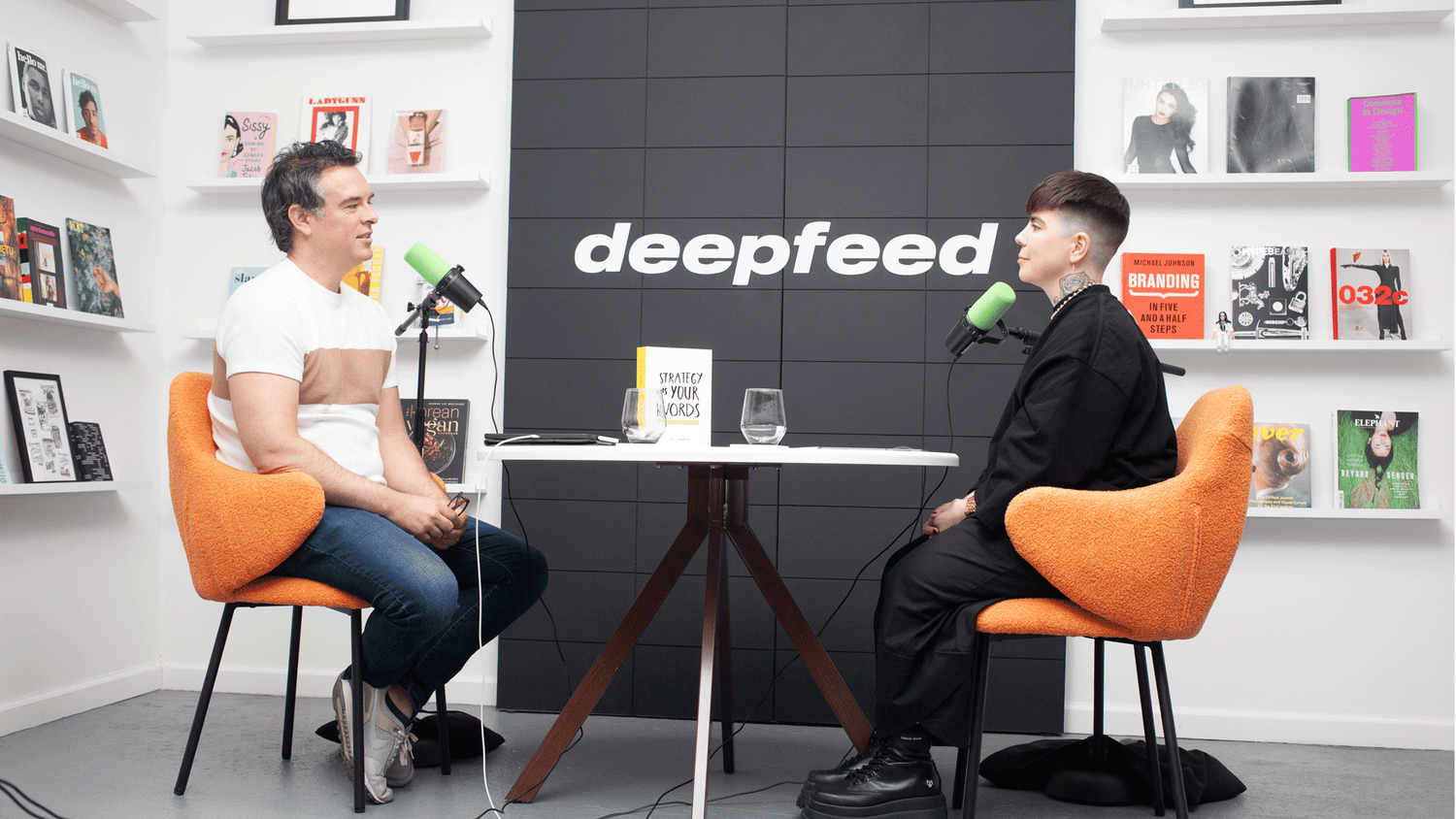 Mark Pollard Brand Strategist and Winter Mendelson deepfeed podcast host sitting at a table during an interview